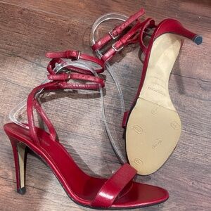 SERGO ROSSI Red Leather High Heel Double Ankle Strap Heels